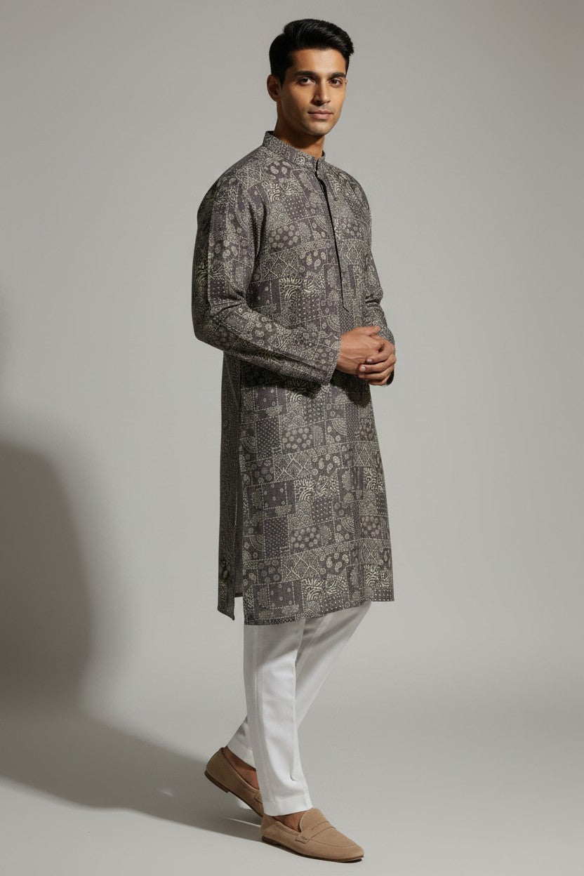 Veshbhoshaa Men's Grey Geometric Sequence Kurta Pajama Set