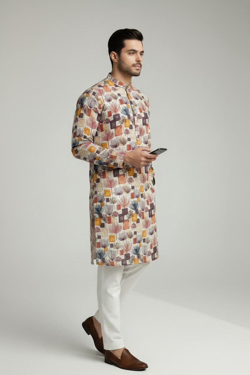 Veshbhoshaa Men's White Multicolour Printed Sequence Kurta Pajama Set