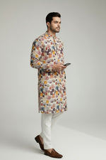 Veshbhoshaa Men's White Multicolour Printed Sequence Kurta Pajama Set