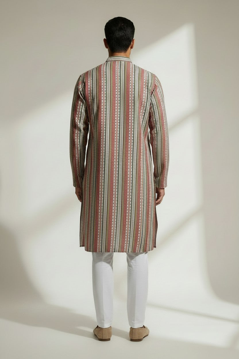 Veshbhoshaa Men's Red Stripes Sequence Kurta Pajama Set