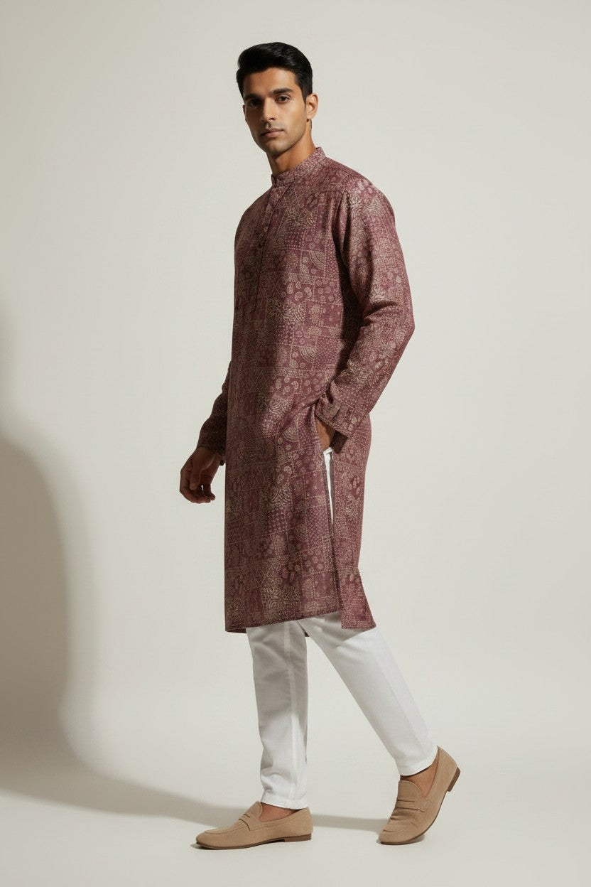 Veshbhoshaa Men's Red Geometric Sequence Kurta Pajama Set