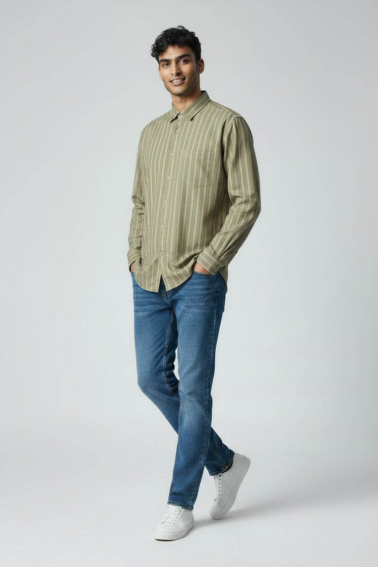 Bluebird Men's Olive Green Stripes Cotton Blend Shirt