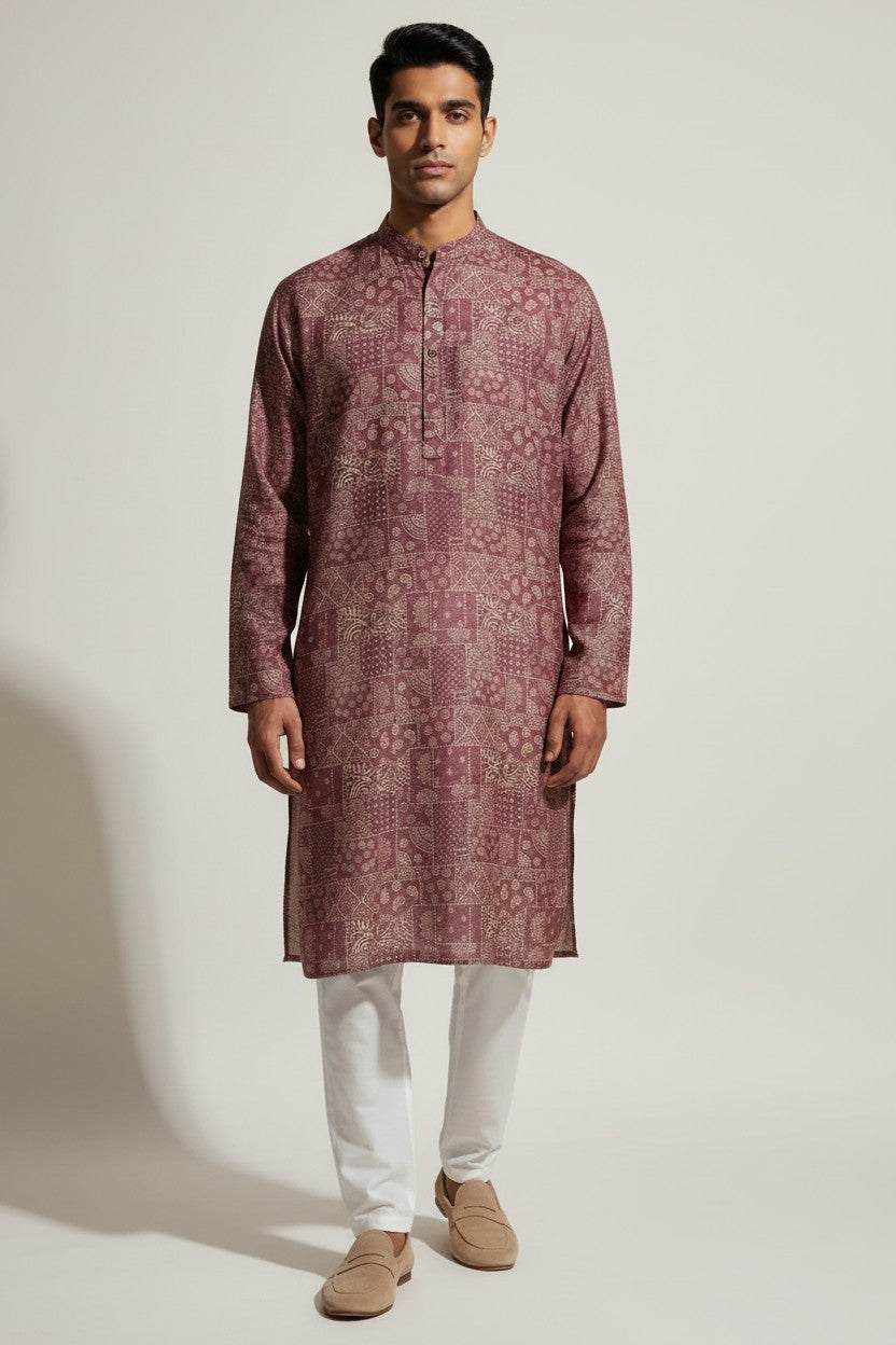 Veshbhoshaa Men's Red Geometric Sequence Kurta Pajama Set