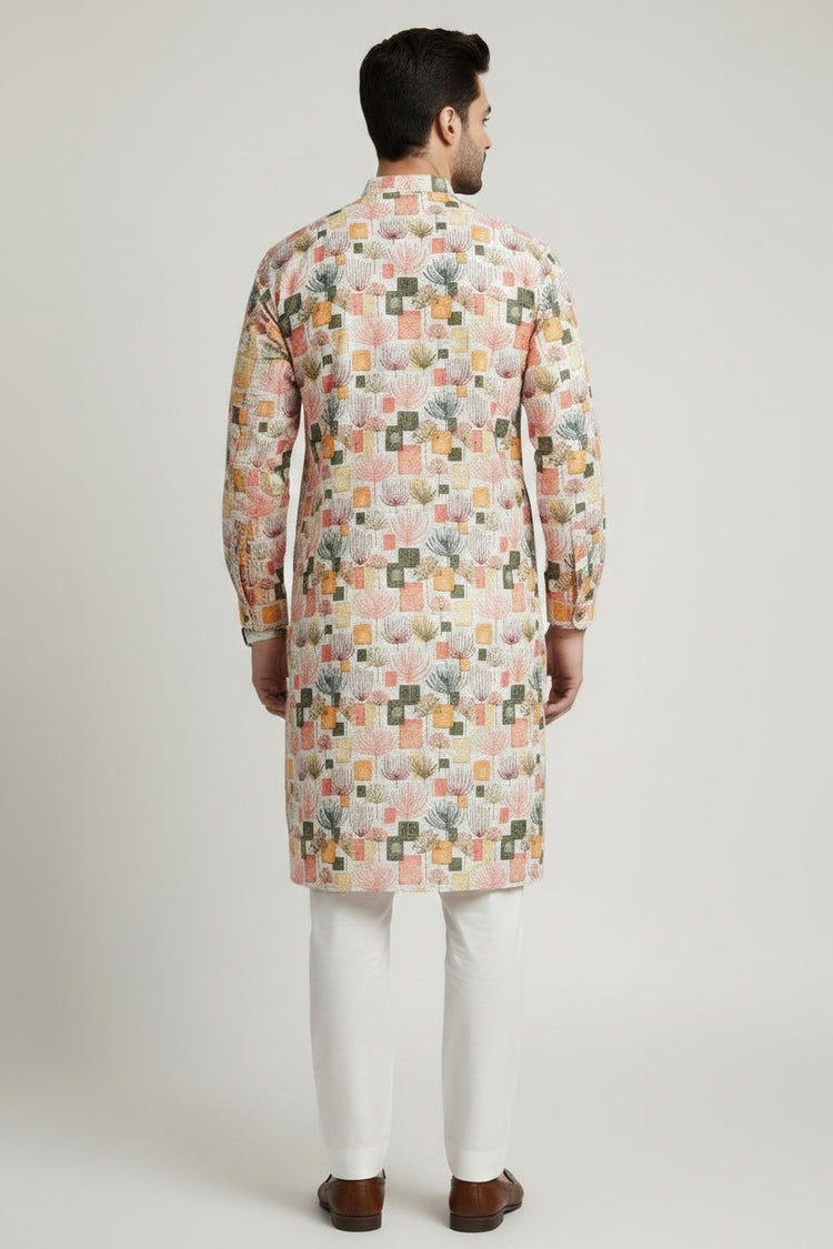 Veshbhoshaa Men's Peach Multicolour Printed Sequence Kurta Pajama Set