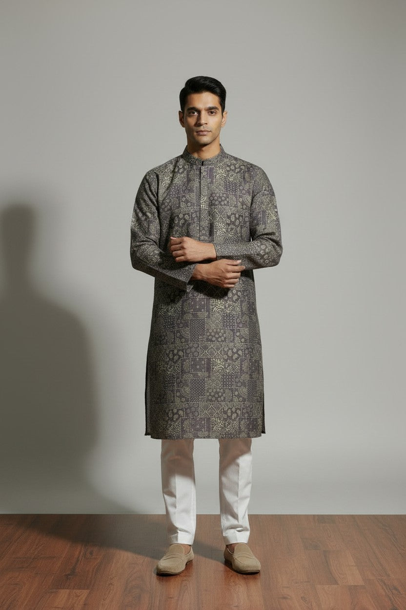 Veshbhoshaa Men's Grey Geometric Sequence Kurta Pajama Set
