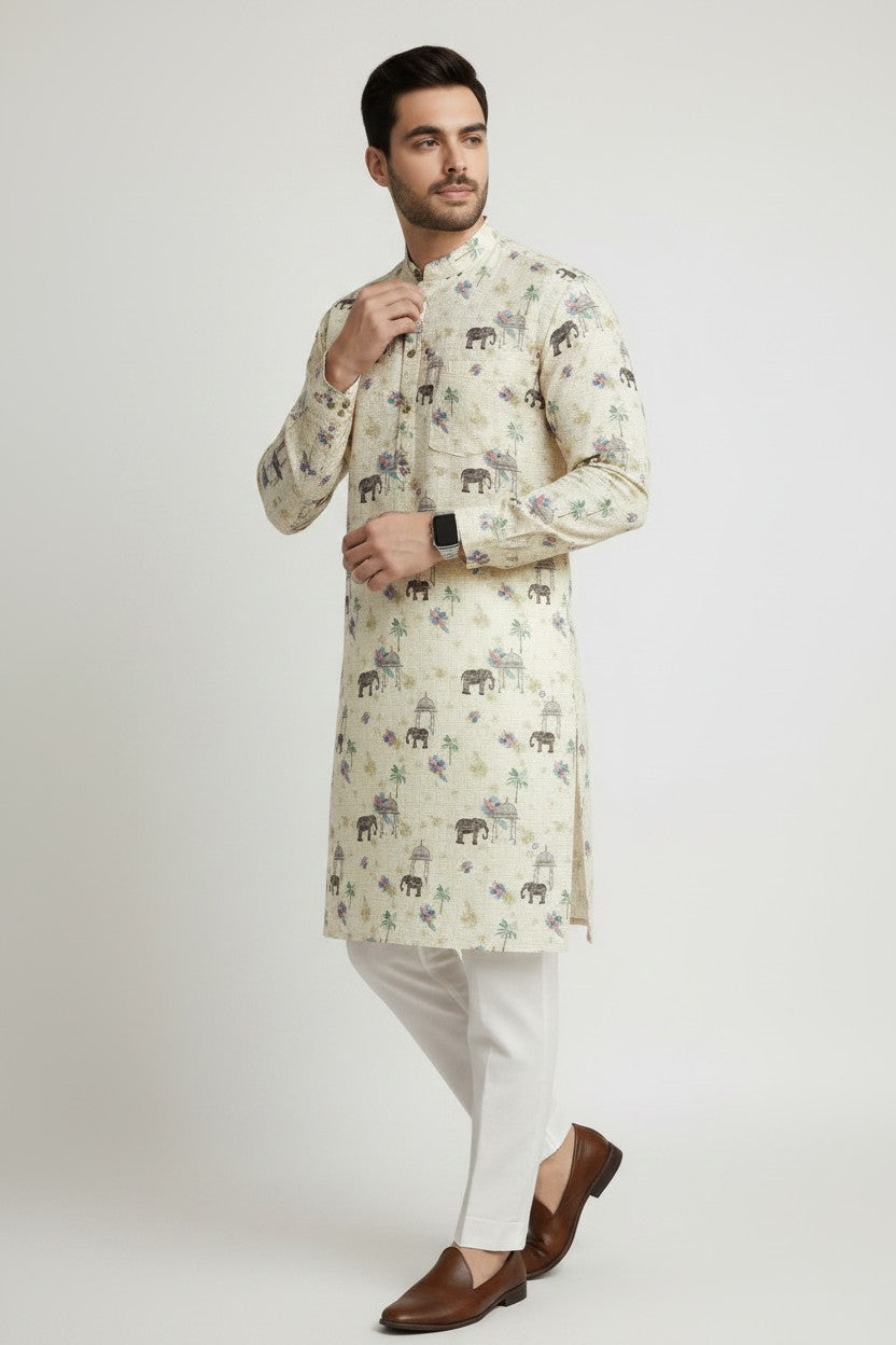 Veshbhoshaa Men's Yellow Elephant Motif Sequence Kurta Pajama Set
