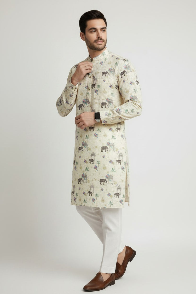 Veshbhoshaa Men's Yellow Elephant Motif Sequence Kurta Pajama Set