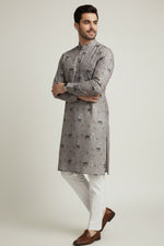Veshbhoshaa Men's Grey Elephant Motif Sequence Kurta Pajama Set