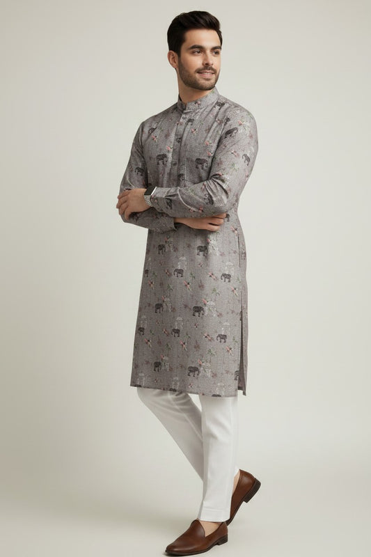 Veshbhoshaa Men's Grey Elephant Motif Sequence Kurta Pajama Set