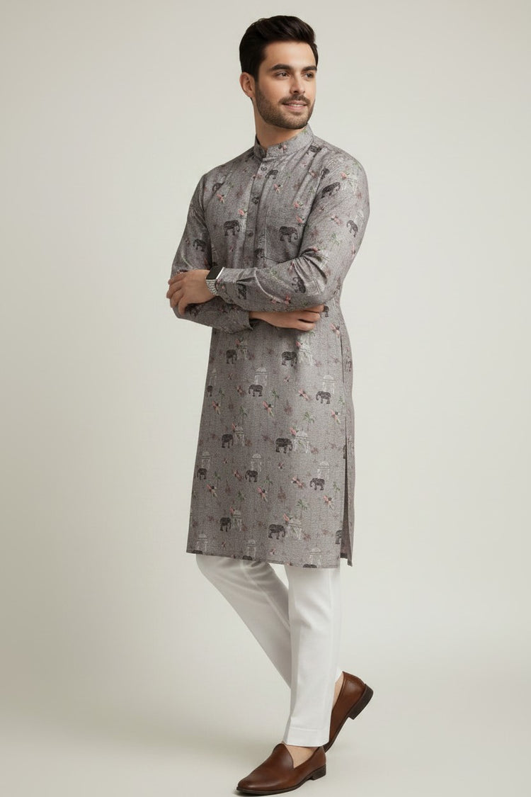 Veshbhoshaa Men's Grey Elephant Motif Sequence Kurta Pajama Set