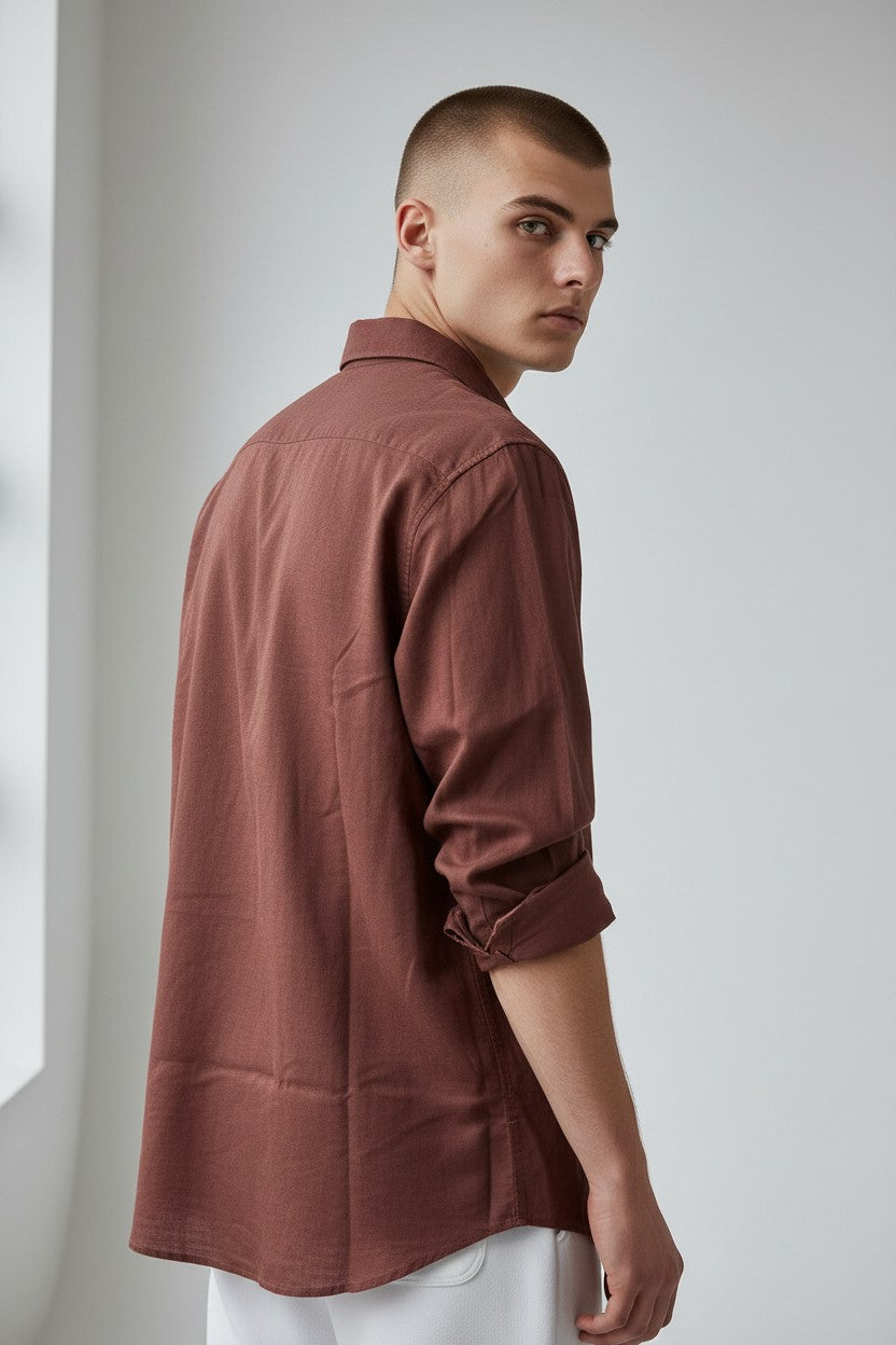Bluebird Men's Dark Brown Linen Tencil Shirt