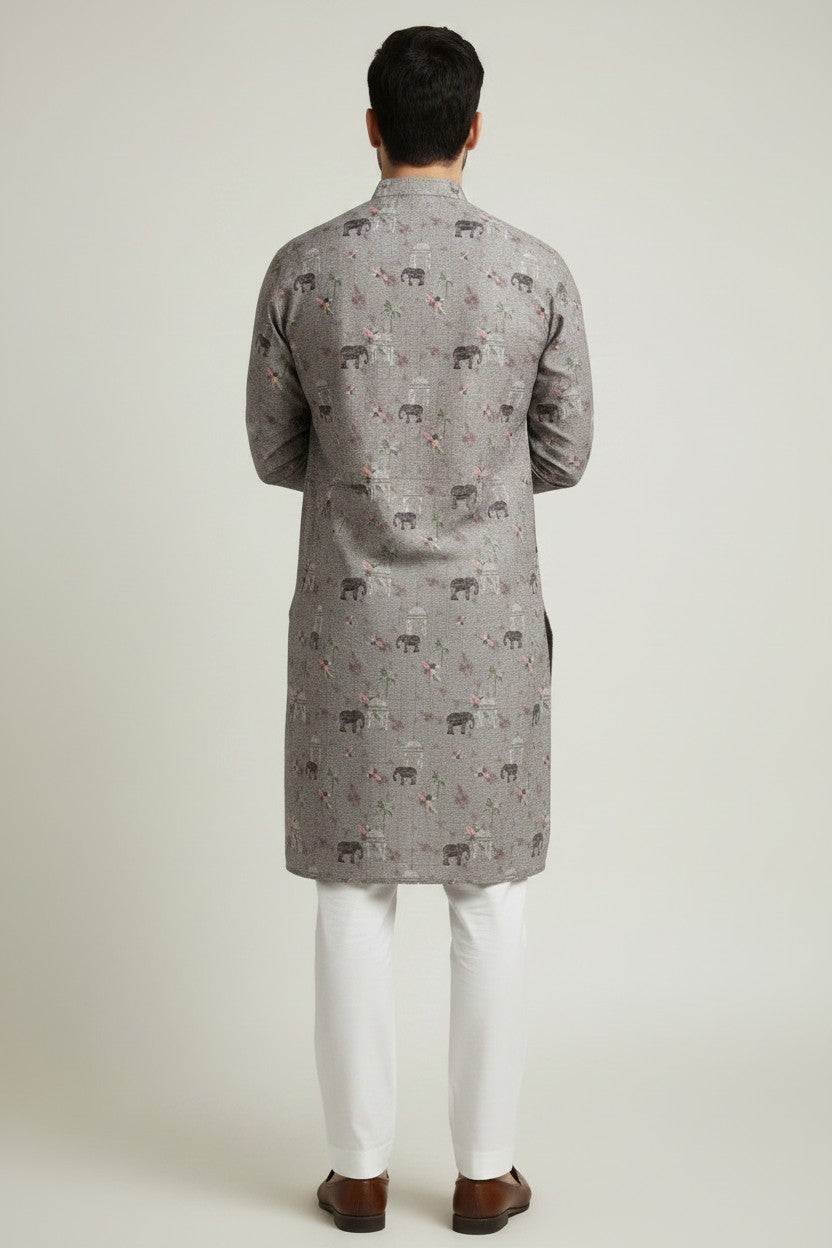 Veshbhoshaa Men's Grey Elephant Motif Sequence Kurta Pajama Set