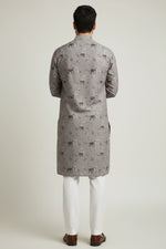 Veshbhoshaa Men's Grey Elephant Motif Sequence Kurta Pajama Set