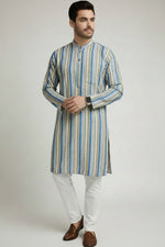 Veshbhoshaa Men's Blue Stripes Sequence Kurta Pajama Set