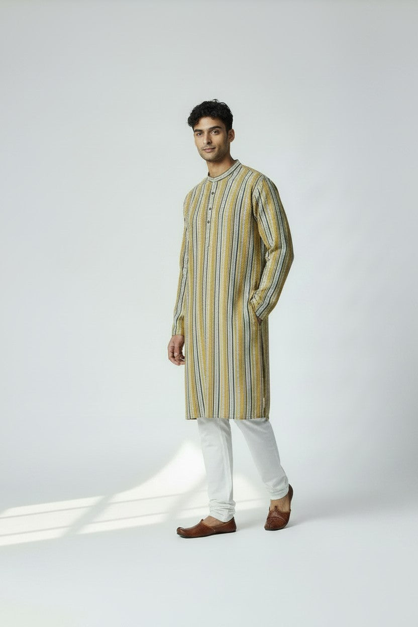 Veshbhoshaa Men's Yellow Stripes Sequence Kurta Pajama Set