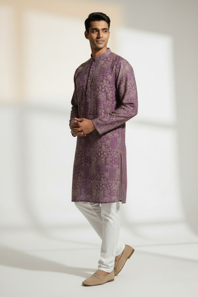 Veshbhoshaa Men's Lavender Geometric Sequence Kurta Pajama Set