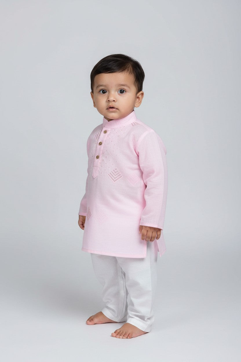 Veshbhoshaa Kid's Pink Geometric Sequence Kurta Pajama Set