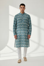 Veshbhoshaa Men's Blue Printed Sequence Kurta Pajama Set