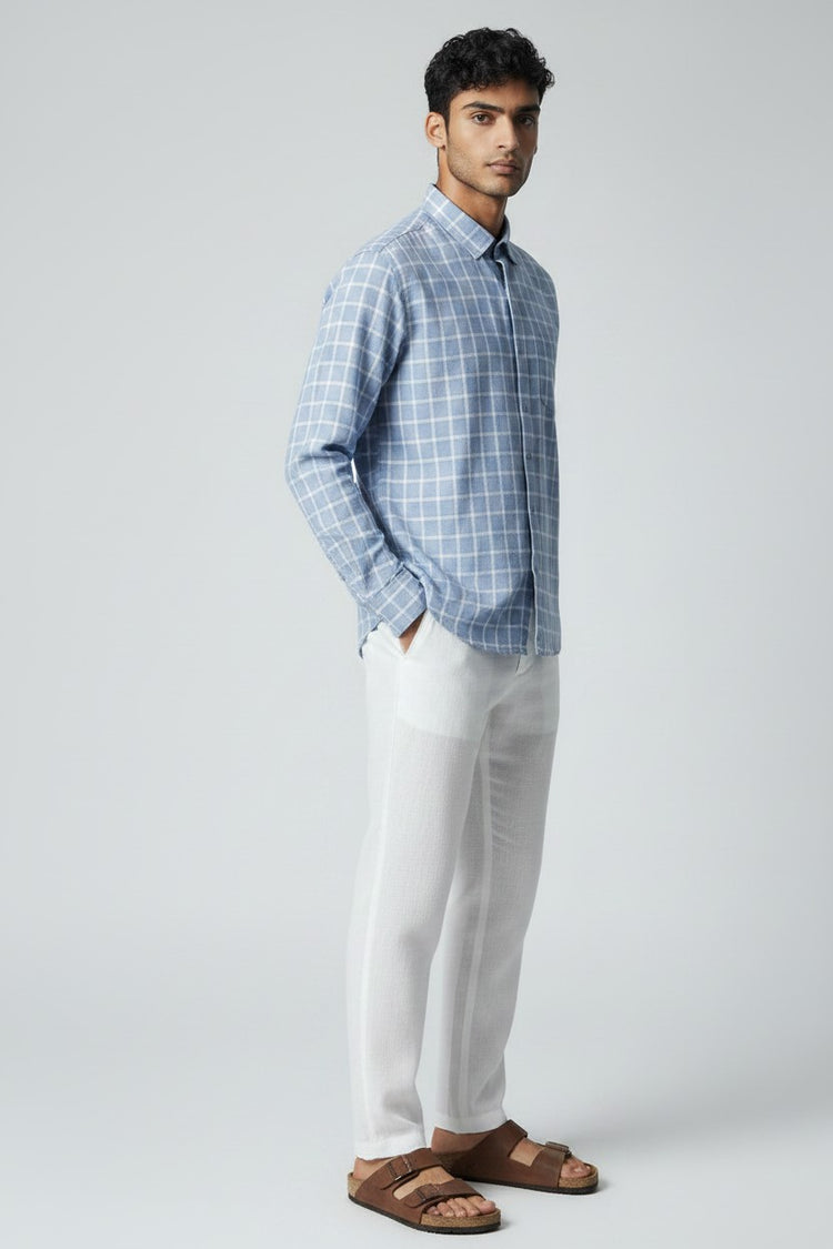 Bluebird Men's Light Blue Checks Cotton Blend Shirt