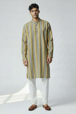 Veshbhoshaa Men's Yellow Stripes Sequence Kurta Pajama Set