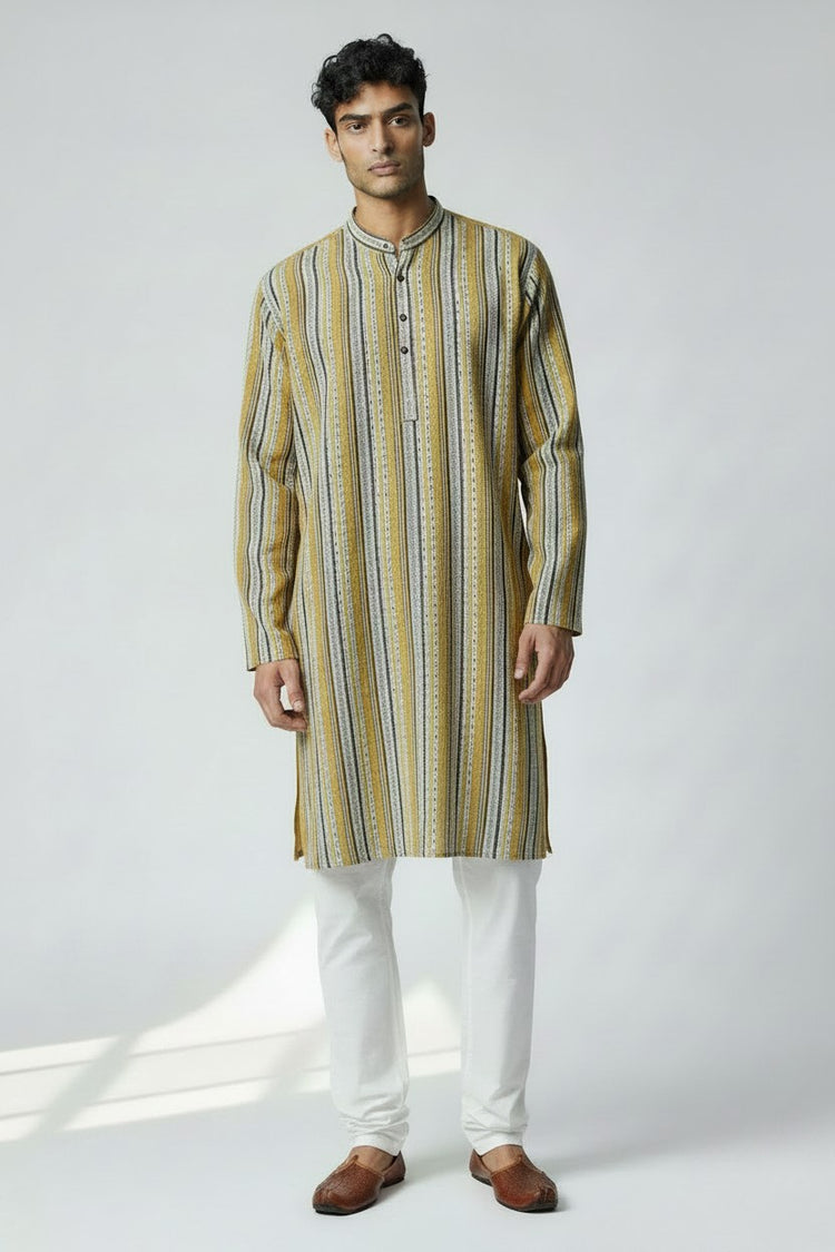 Veshbhoshaa Men's Yellow Stripes Sequence Kurta Pajama Set