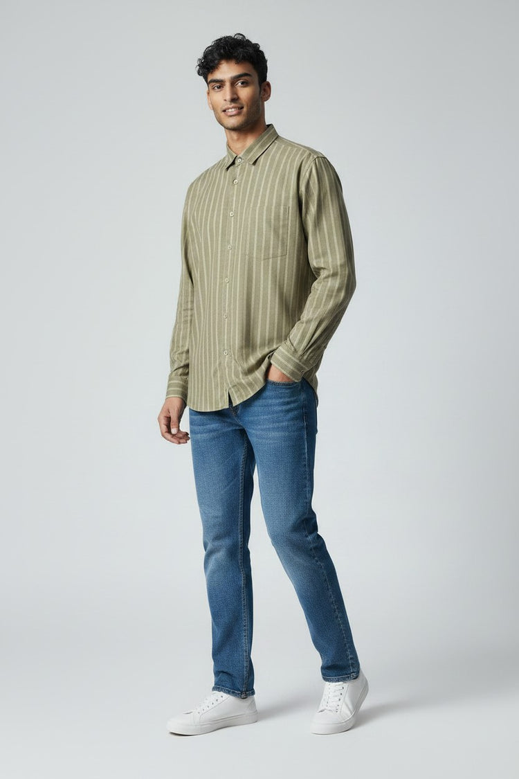 Bluebird Men's Olive Green Stripes Cotton Blend Shirt