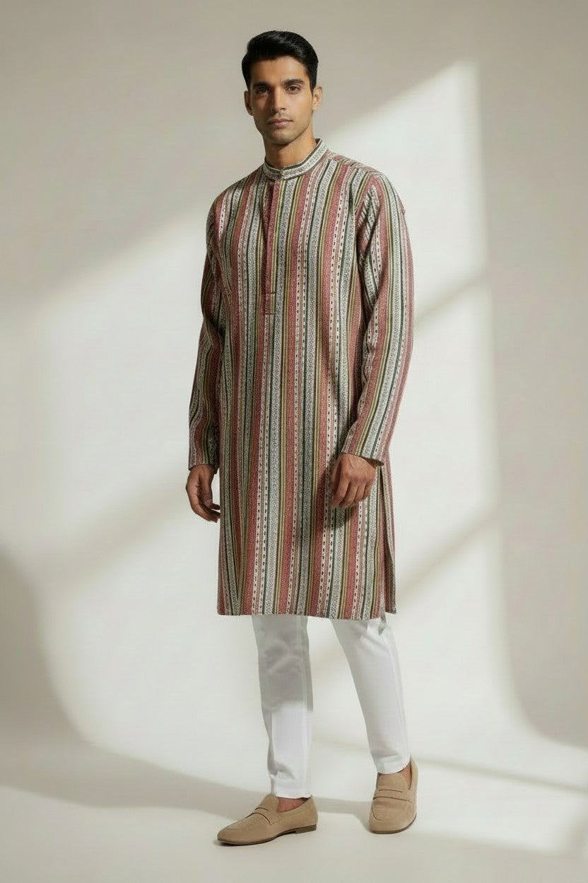 Veshbhoshaa Men's Red Stripes Sequence Kurta Pajama Set