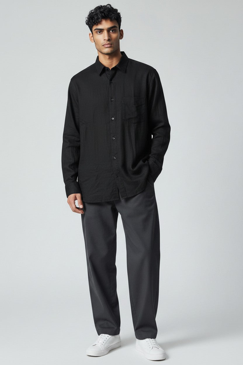 Bluebird Men's Black Linen Tencil Shirt