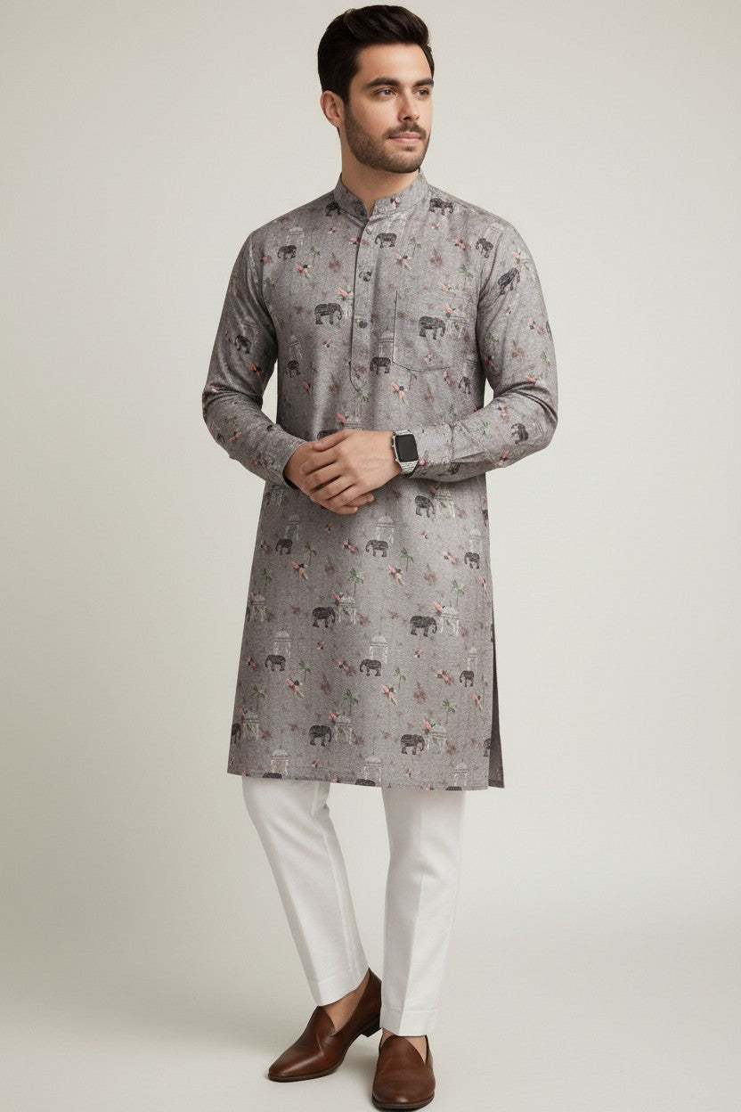 Veshbhoshaa Men's Grey Elephant Motif Sequence Kurta Pajama Set