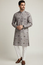 Veshbhoshaa Men's Grey Elephant Motif Sequence Kurta Pajama Set