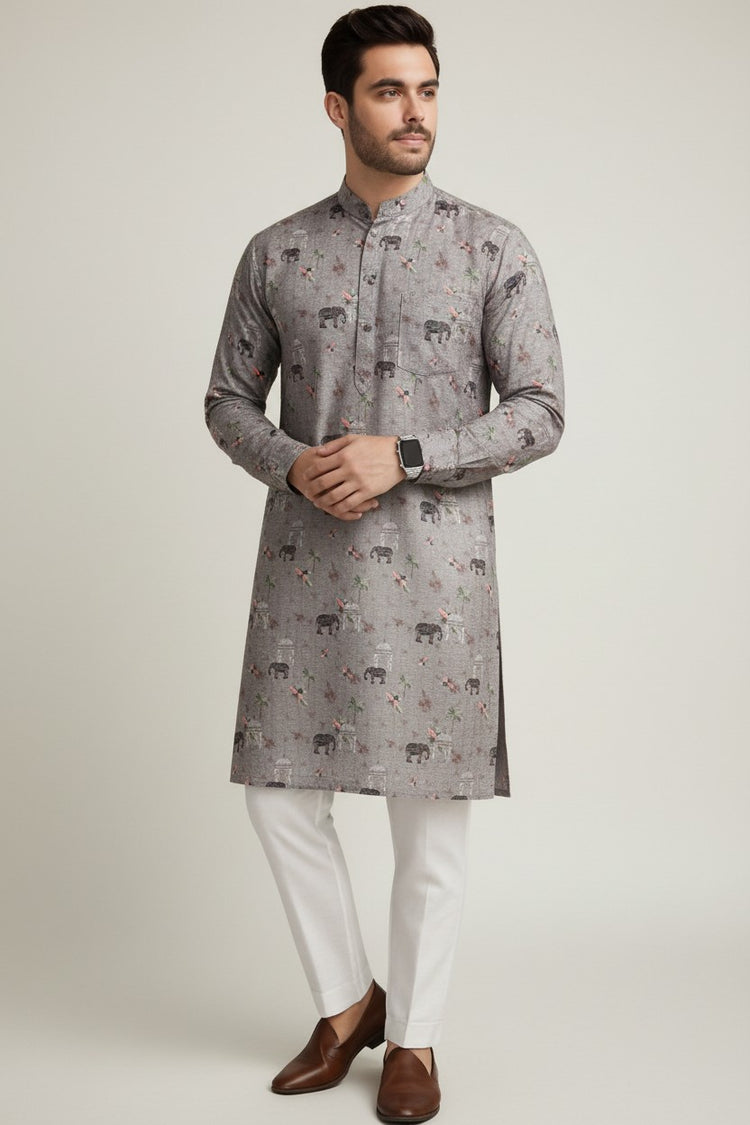Veshbhoshaa Men's Grey Elephant Motif Sequence Kurta Pajama Set