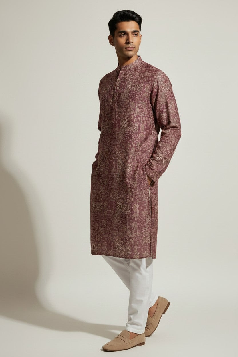 Veshbhoshaa Men's Red Geometric Sequence Kurta Pajama Set
