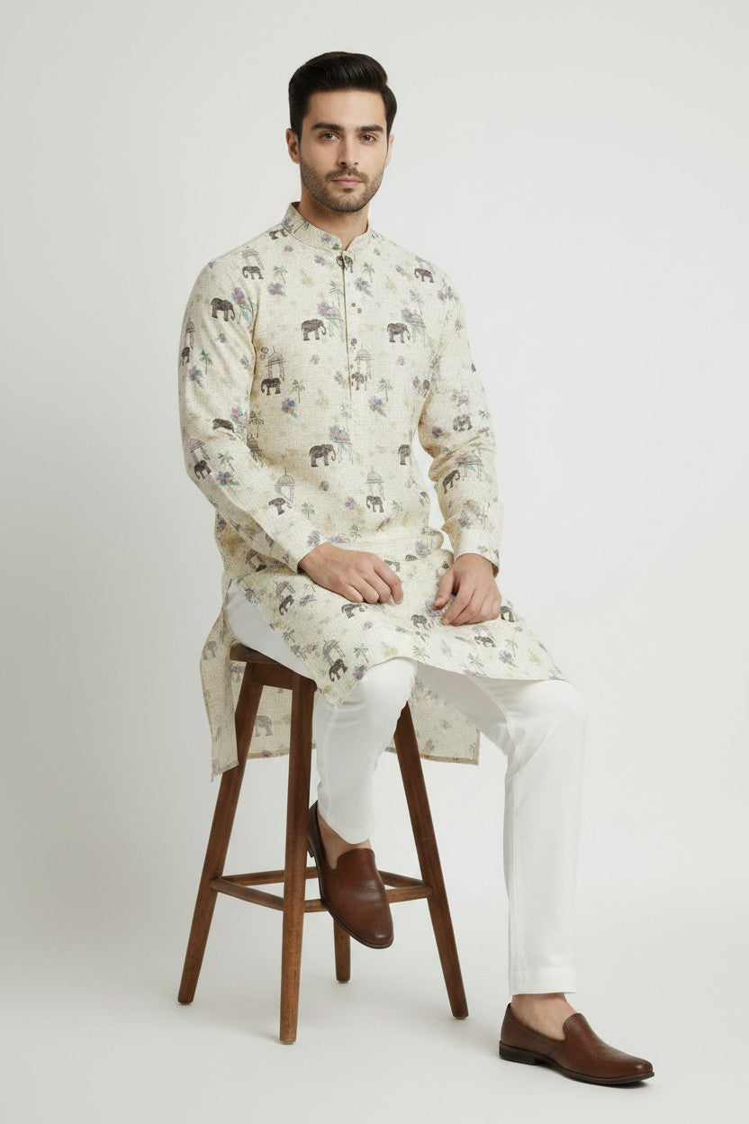 Veshbhoshaa Men's Yellow Elephant Motif Sequence Kurta Pajama Set