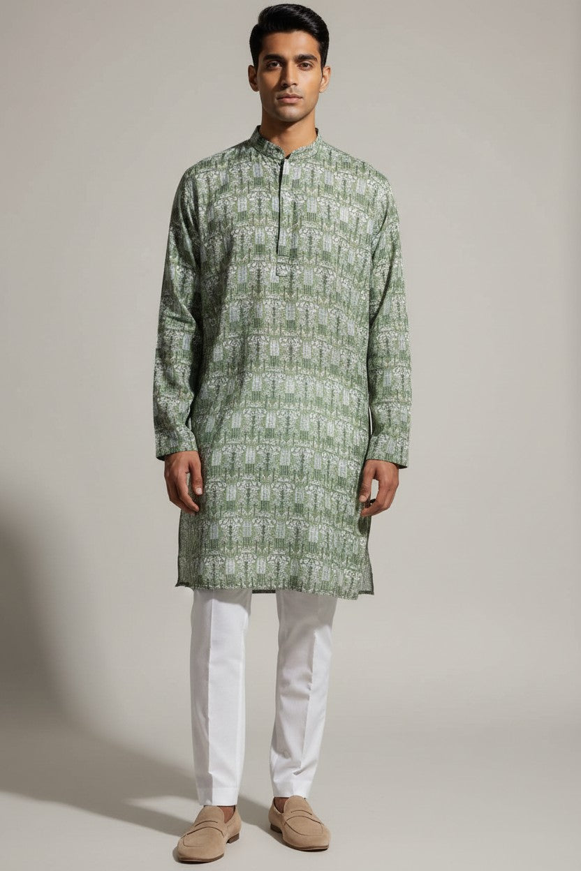 Veshbhoshaa Men's Green Printed Sequence Kurta Pajama Set