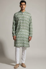 Veshbhoshaa Men's Green Printed Sequence Kurta Pajama Set