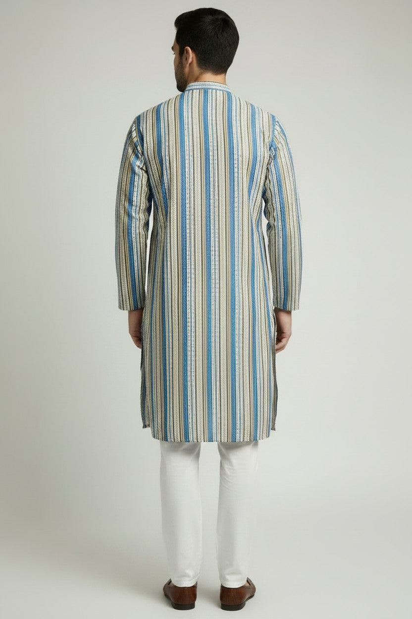 Veshbhoshaa Men's Blue Stripes Sequence Kurta Pajama Set