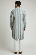 Veshbhoshaa Men's Blue Stripes Sequence Kurta Pajama Set