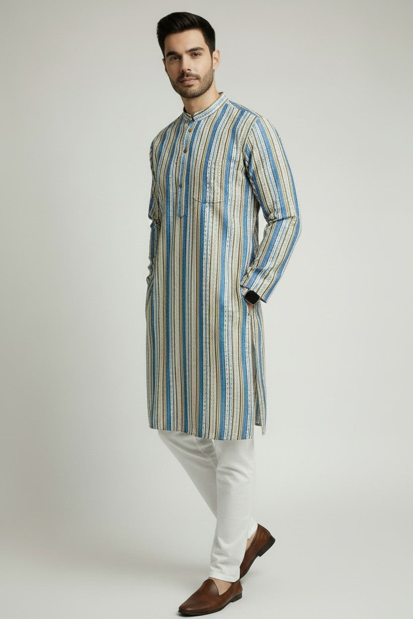 Veshbhoshaa Men's Blue Stripes Sequence Kurta Pajama Set