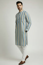 Veshbhoshaa Men's Blue Stripes Sequence Kurta Pajama Set