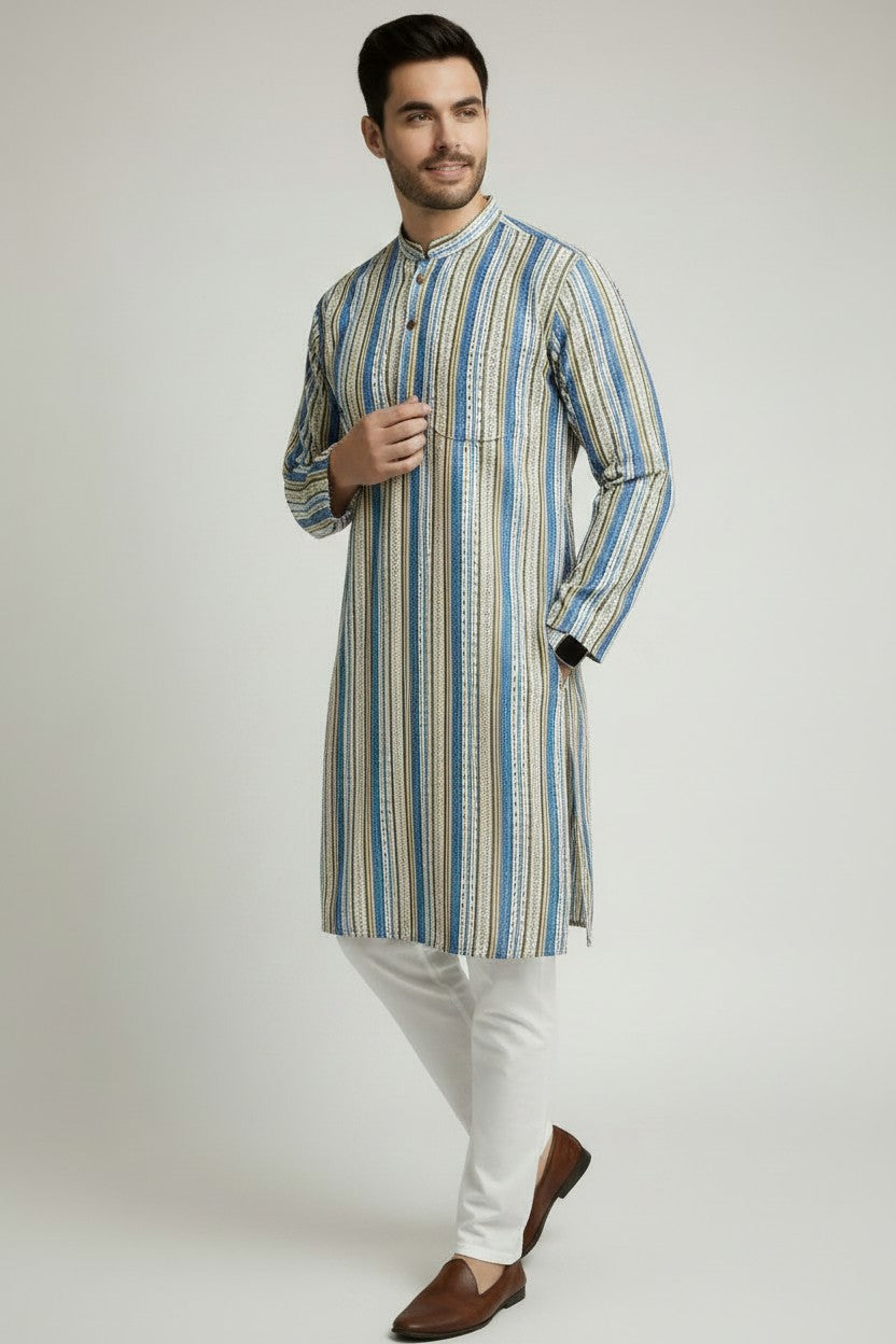 Veshbhoshaa Men's Blue Stripes Sequence Kurta Pajama Set