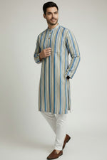 Veshbhoshaa Men's Blue Stripes Sequence Kurta Pajama Set
