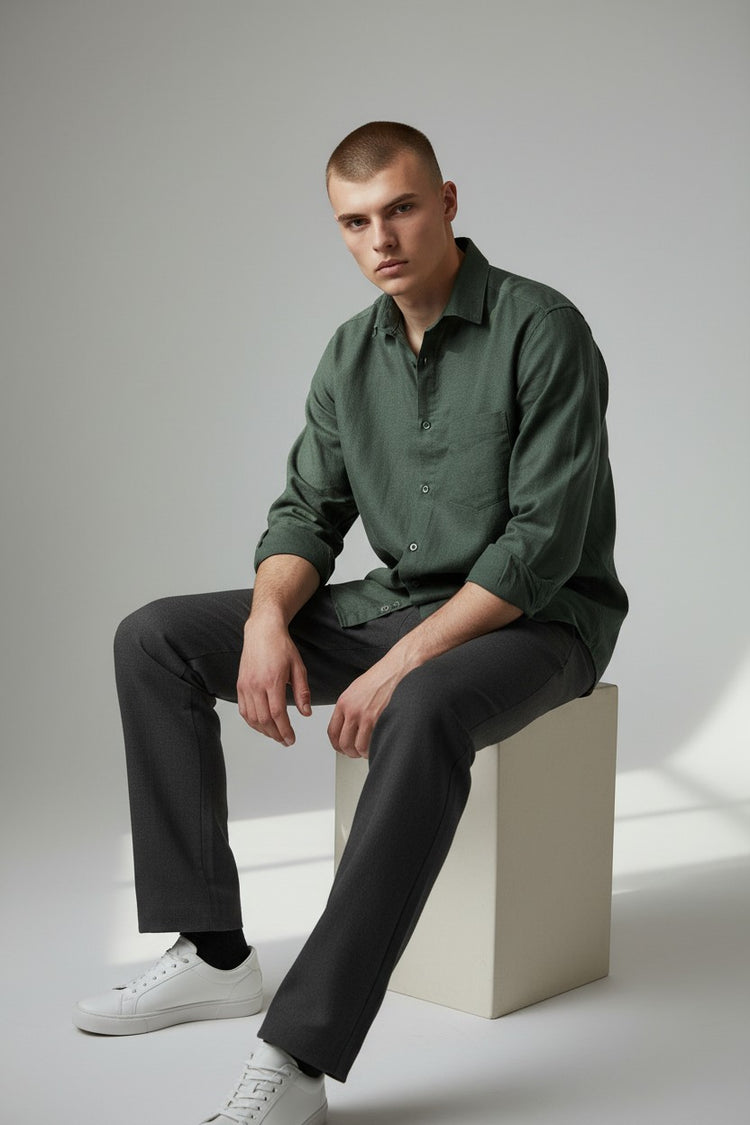 Bluebird Men's Dark Green Linen Tencil Shirt