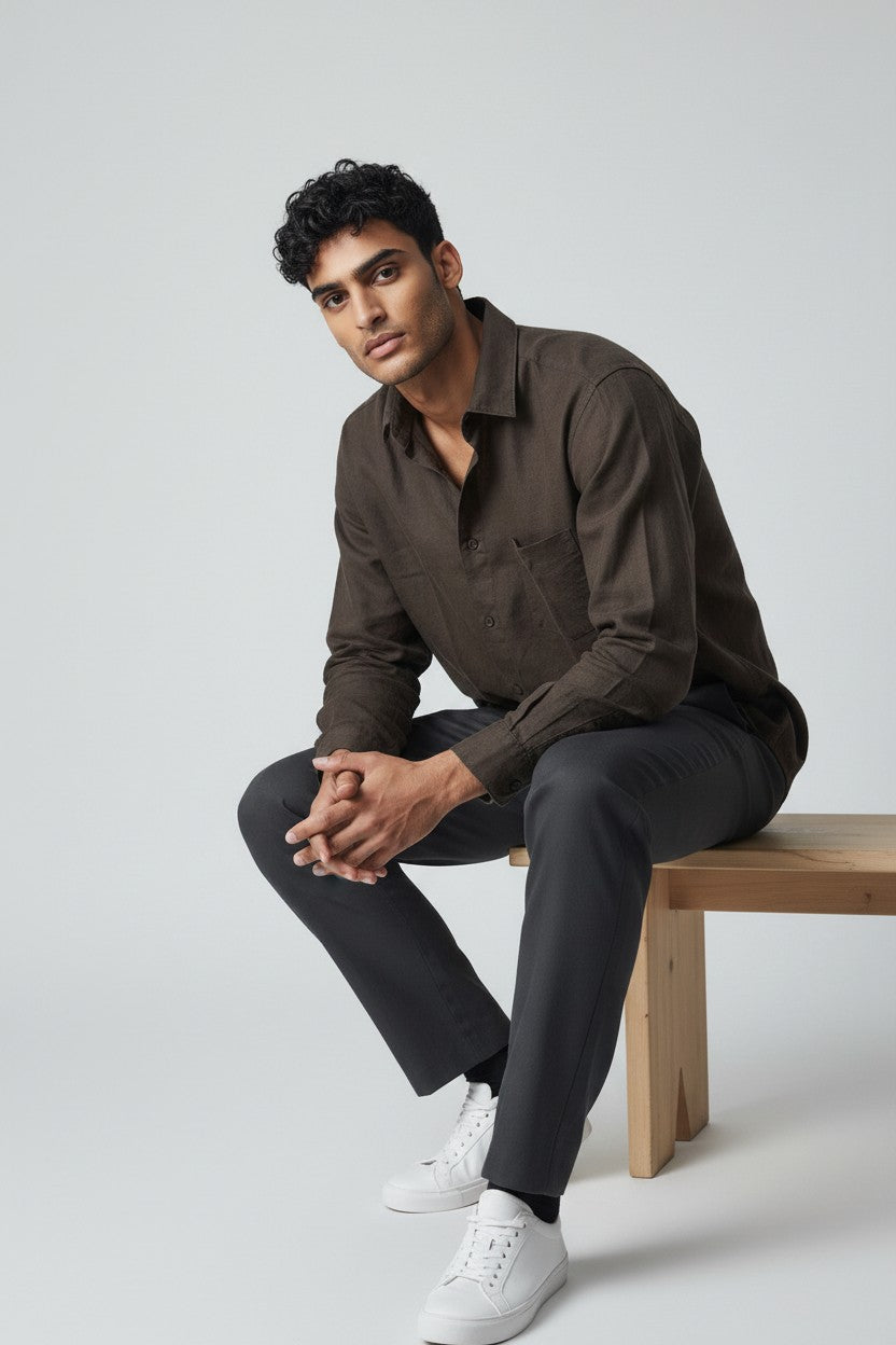 Bluebird Men's Chocolate Brown Linen Tencil Shirt