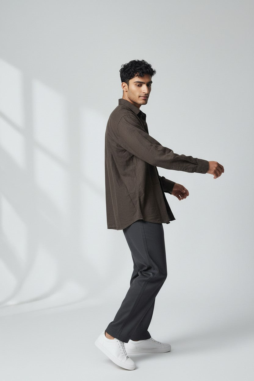 Bluebird Men's Chocolate Brown Linen Tencil Shirt