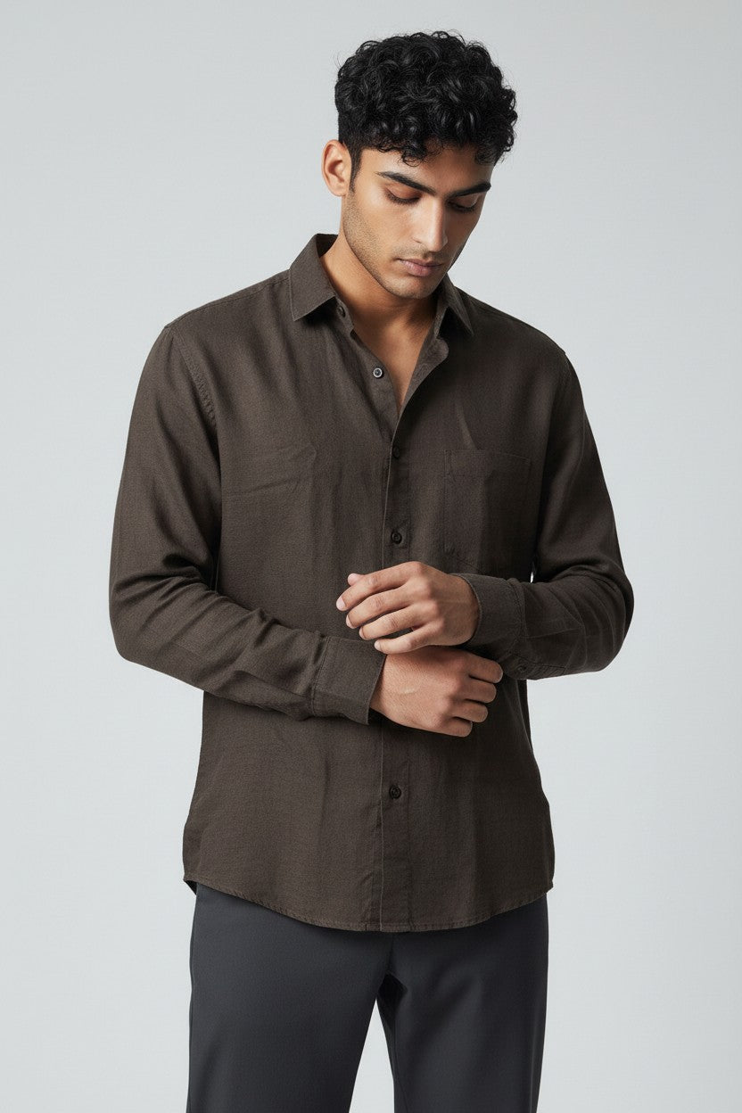 Bluebird Men's Chocolate Brown Linen Tencil Shirt