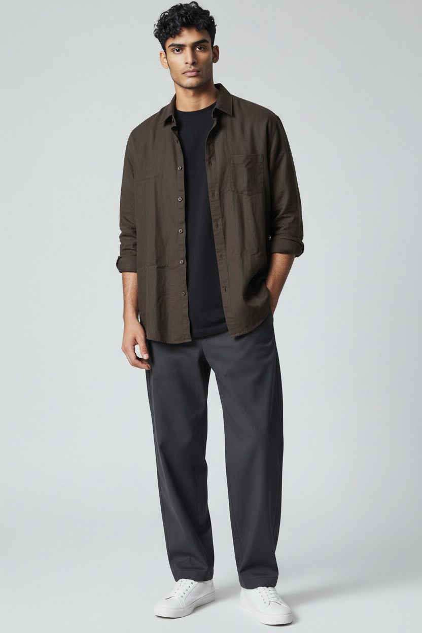 Bluebird Men's Chocolate Brown Linen Tencil Shirt