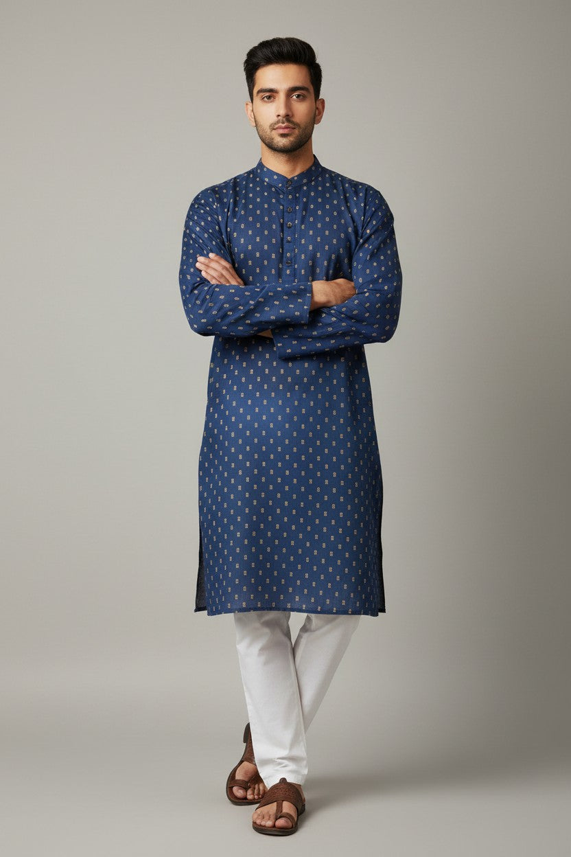 Navy Blue Cotton Buti Kurta for Men