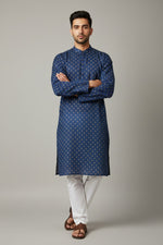 Navy Blue Cotton Buti Kurta for Men