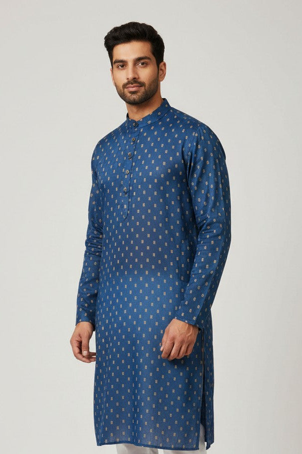 Navy Blue Cotton Buti Kurta for Men