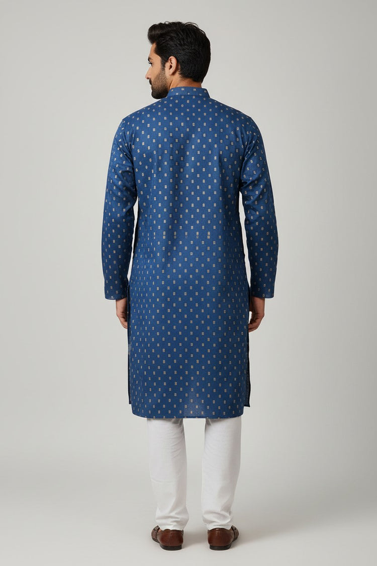Navy Blue Cotton Buti Kurta for Men